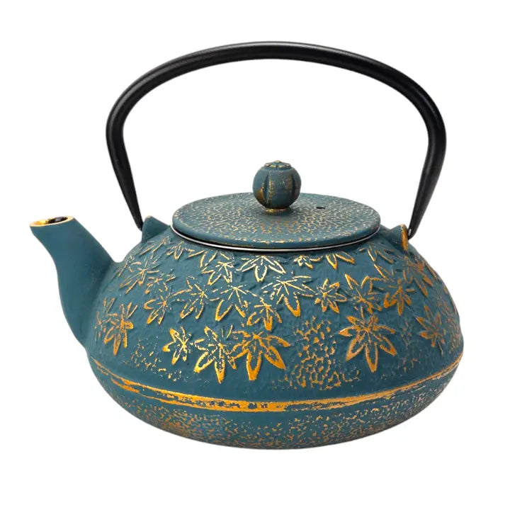 40oz Cast Iron Tea Pot Turquoise Maple Leaves
