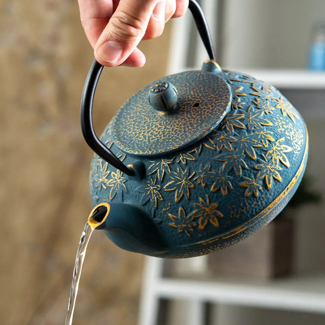 40oz Cast Iron Tea Pot Turquoise Maple Leaves