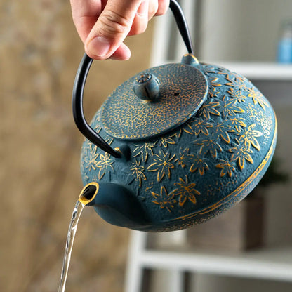 40oz Cast Iron Tea Pot Turquoise Maple Leaves
