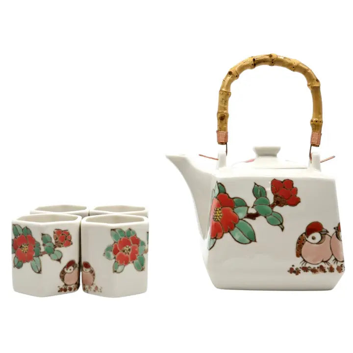 Twin Sparrows Tsubaki Tea Set (Teapot with 4 Cups)