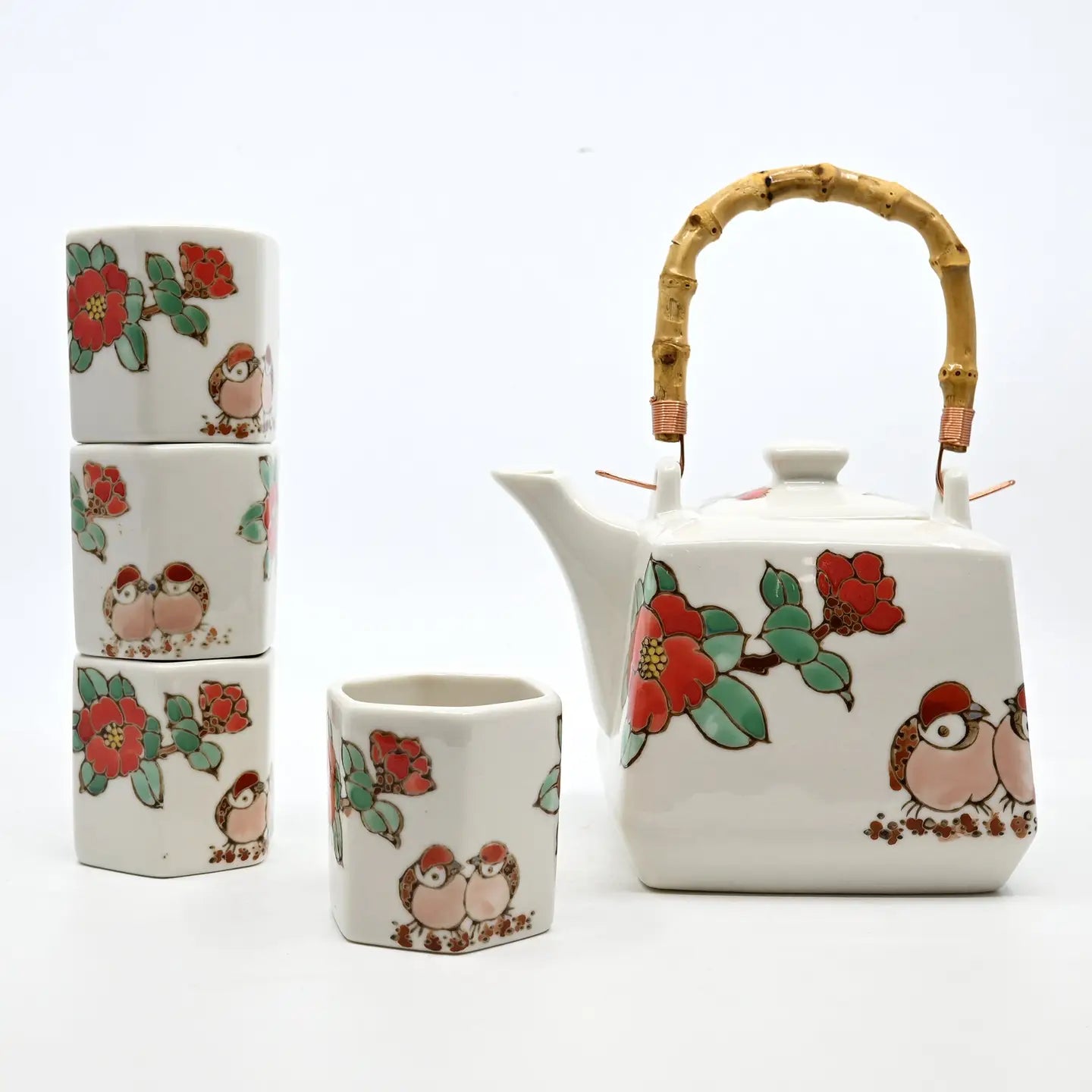 Twin Sparrows Tsubaki Tea Set (Teapot with 4 Cups)