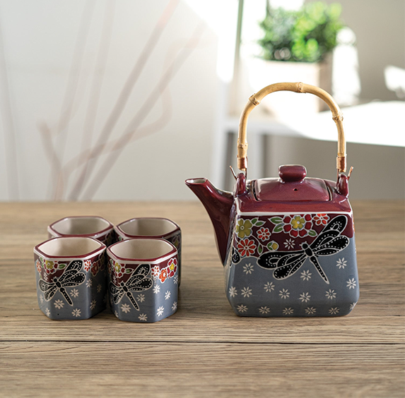 Dragonfly Tombo Tea Set (Teapot with 4 Cups)