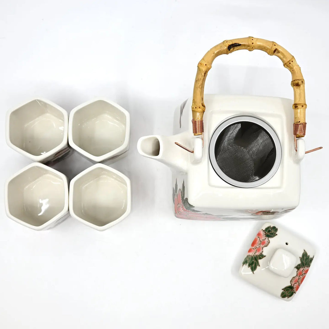 Twin Sparrows Peony Tea Set (Teapot with 4 Cups)