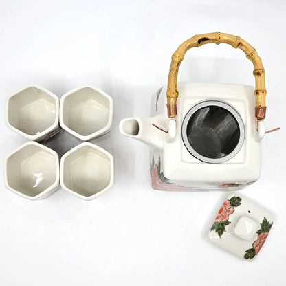 Twin Sparrows Peony Tea Set (Teapot with 4 Cups)