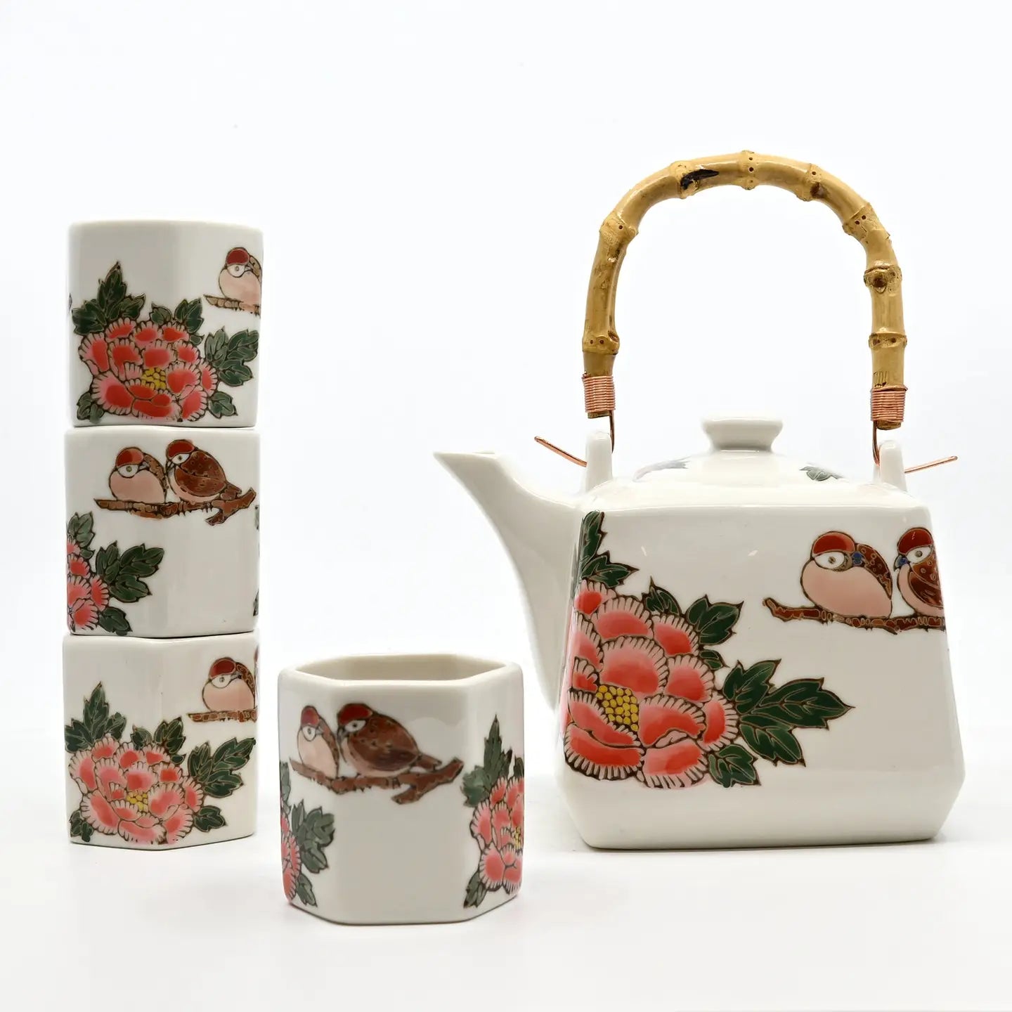 Twin Sparrows Peony Tea Set (Teapot with 4 Cups)