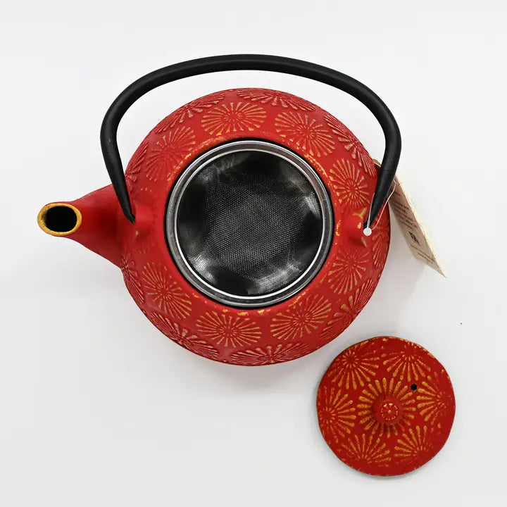 40oz Cast Iron Tea Pot Red Kiku Chrysanthemum