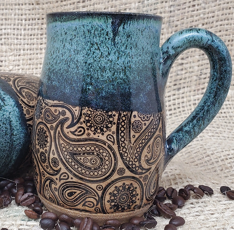 Turtle Hollow Pottery Mug - Black Paisley Mug