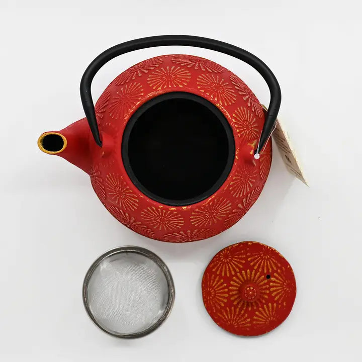 40oz Cast Iron Tea Pot Red Kiku Chrysanthemum
