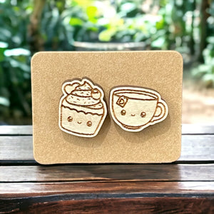Wood Earrings - Cupcake & Teacup