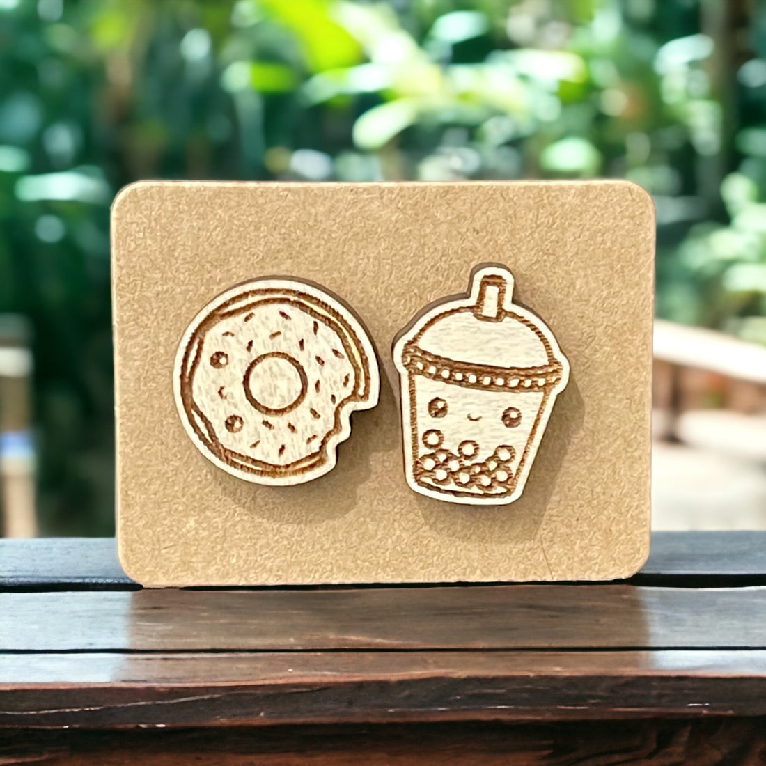 Wood Earrings - Boba &amp; Donut