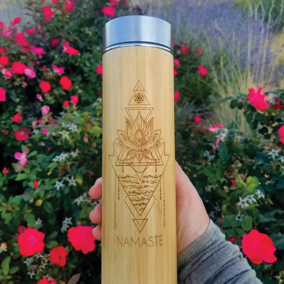 NAMASTE 16.9oz Insulated Bamboo Water Bottle / Tea Tumbler 