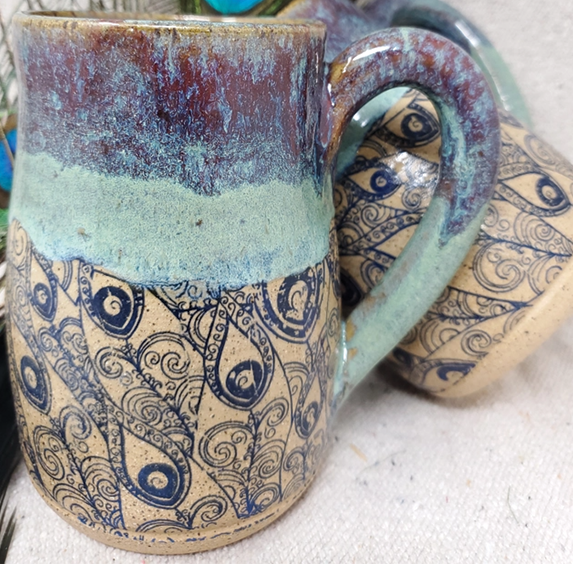 Turtle Hollow Pottery Mug - Peacock Feather