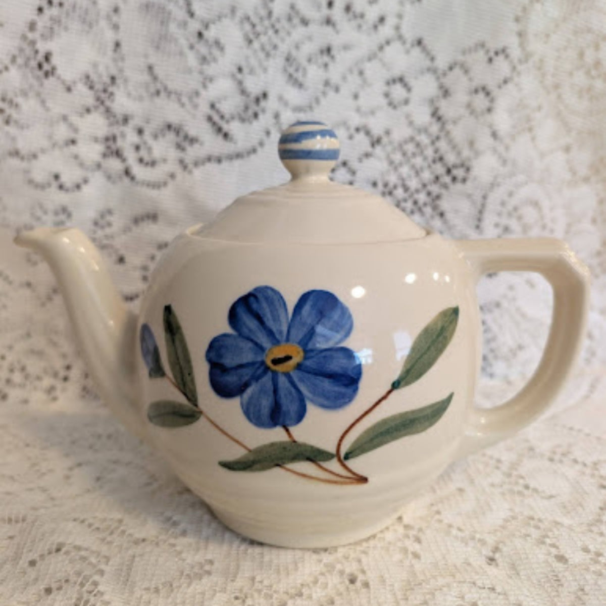 Vintage USA Pottery Hand-Painted Blue Floral Teapot
