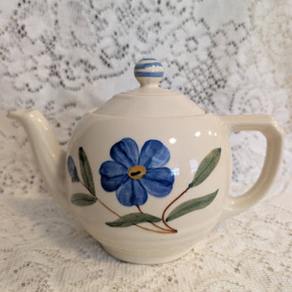 Vintage USA Pottery Hand-Painted Blue Floral Teapot
