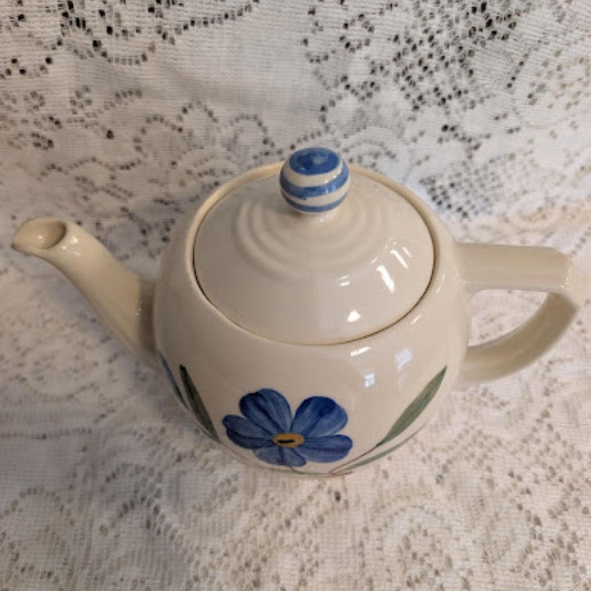 Vintage USA Pottery Hand-Painted Blue Floral Teapot