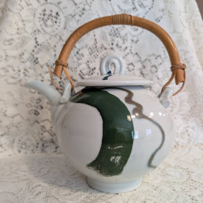 Vintage Signed Studio Pottery Teapot – Bamboo Handle