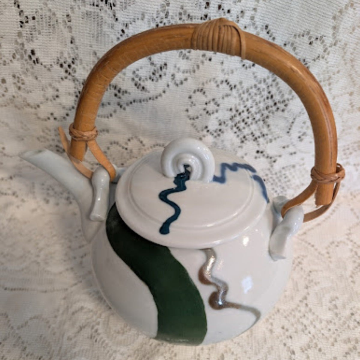 Vintage Signed Studio Pottery Teapot – Bamboo Handle