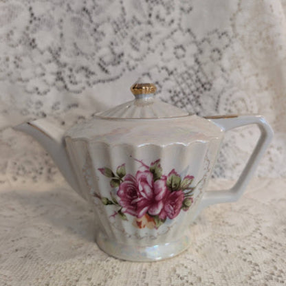Vintage Japanese Lusterware Porcelain Teapot with Pink Roses