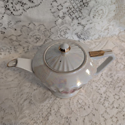 Vintage Japanese Lusterware Porcelain Teapot with Pink Roses