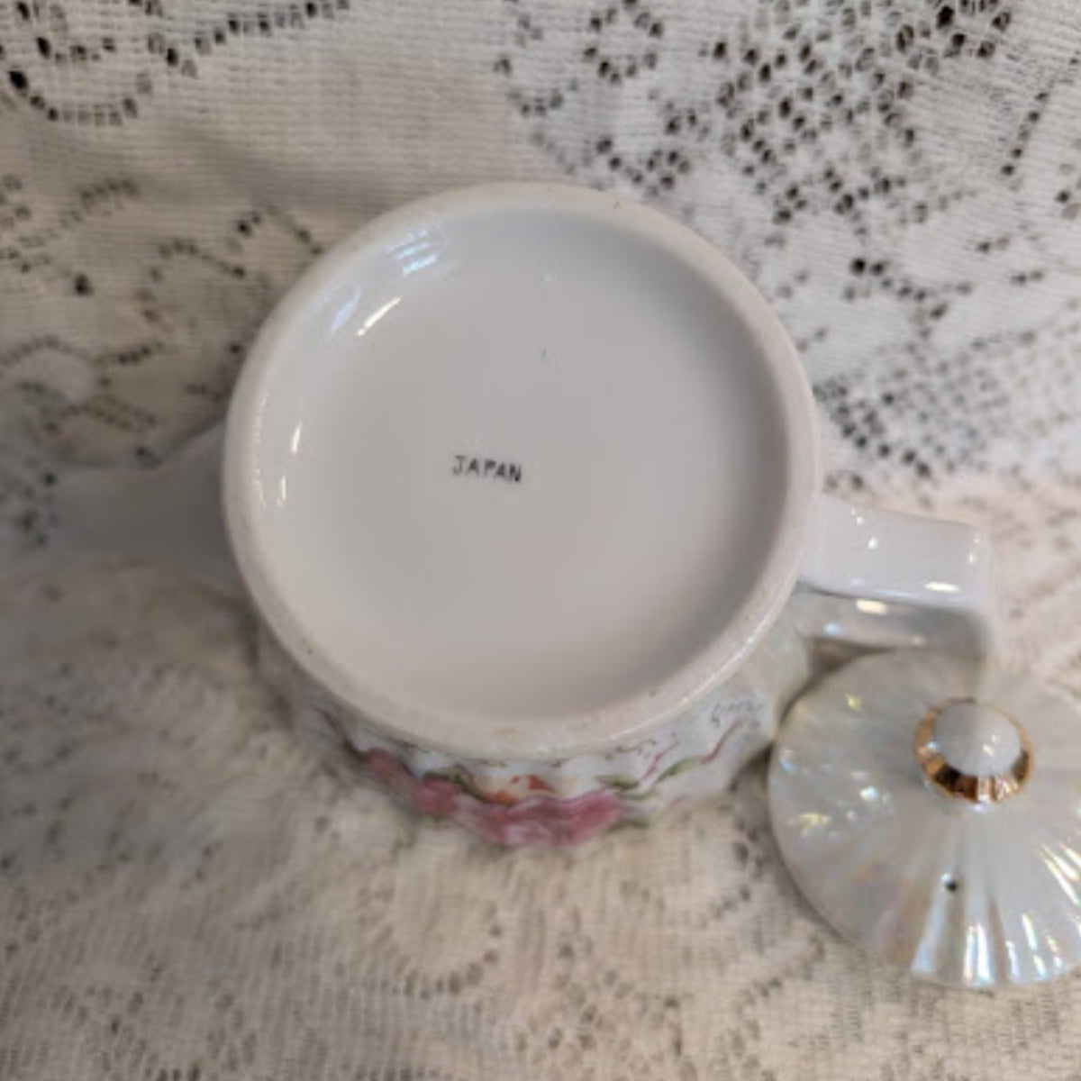 Vintage Japanese Lusterware Porcelain Teapot with Pink Roses