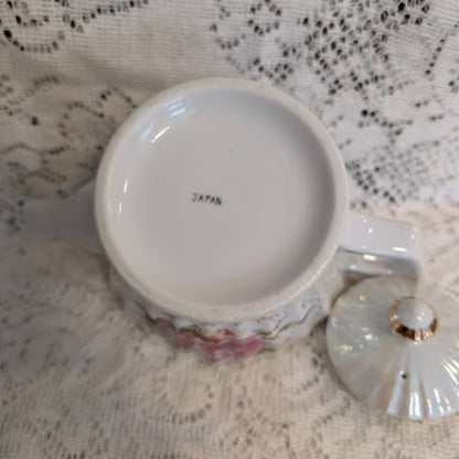 Vintage Japanese Lusterware Porcelain Teapot with Pink Roses