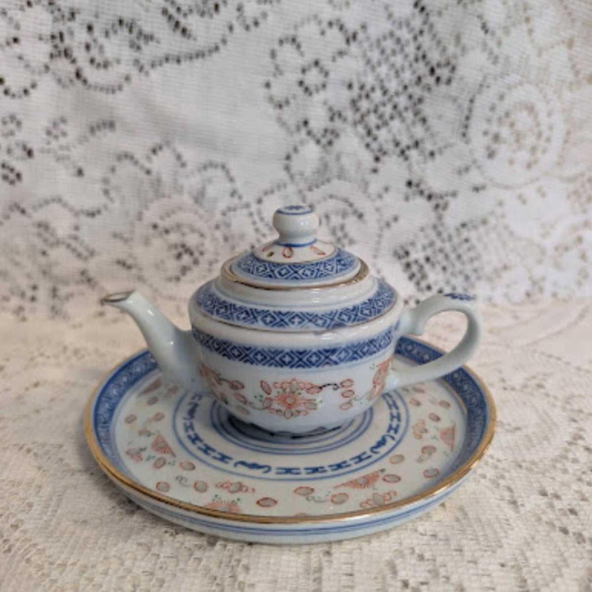Vintage Blue &amp; White Miniature Porcelain Teapot with Matching Saucer