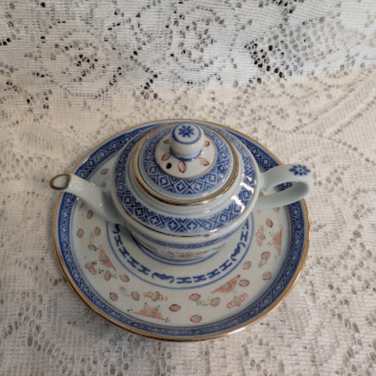 Vintage Blue &amp; White Miniature Porcelain Teapot with Matching Saucer