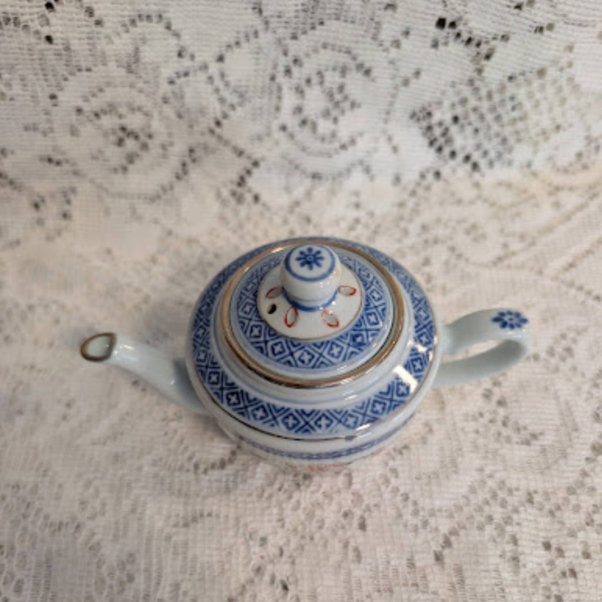 Vintage Blue &amp; White Miniature Porcelain Teapot with Matching Saucer