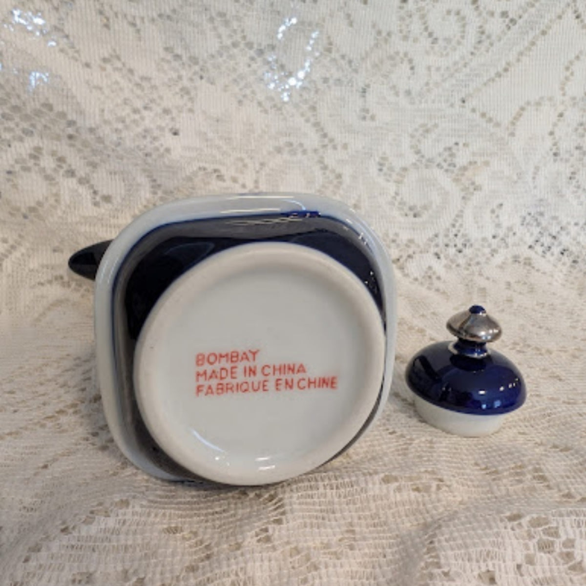 Vintage Bombay Blue &amp; White Porcelain Teapot with Blue Lid