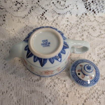 Vintage Blue &amp; White Miniature Porcelain Teapot with Matching Saucer