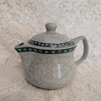 Vintage Chinese Celadon Green Floral Teapot with Metal Strainer