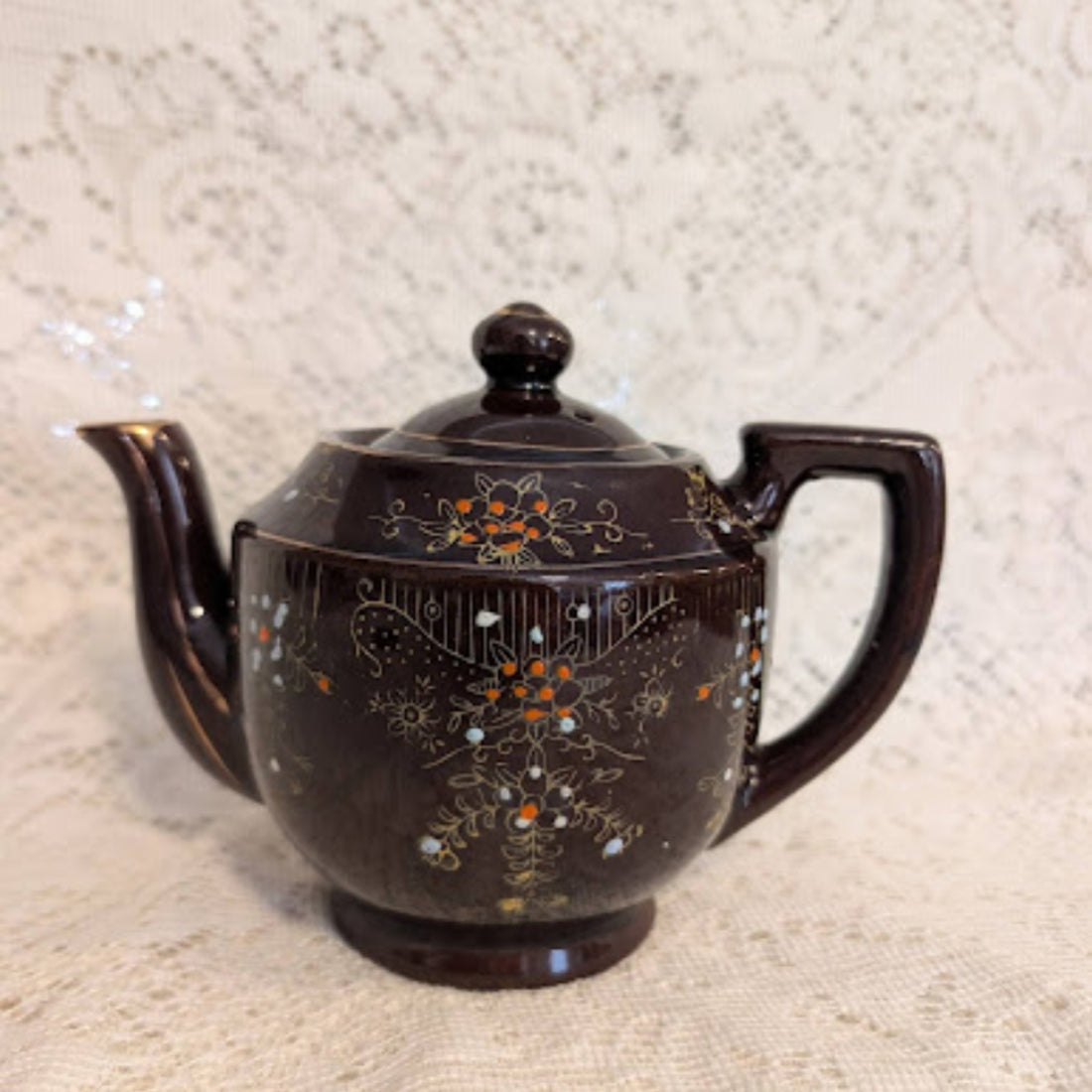 Vintage Japanese Brown Floral Stoneware Teapot