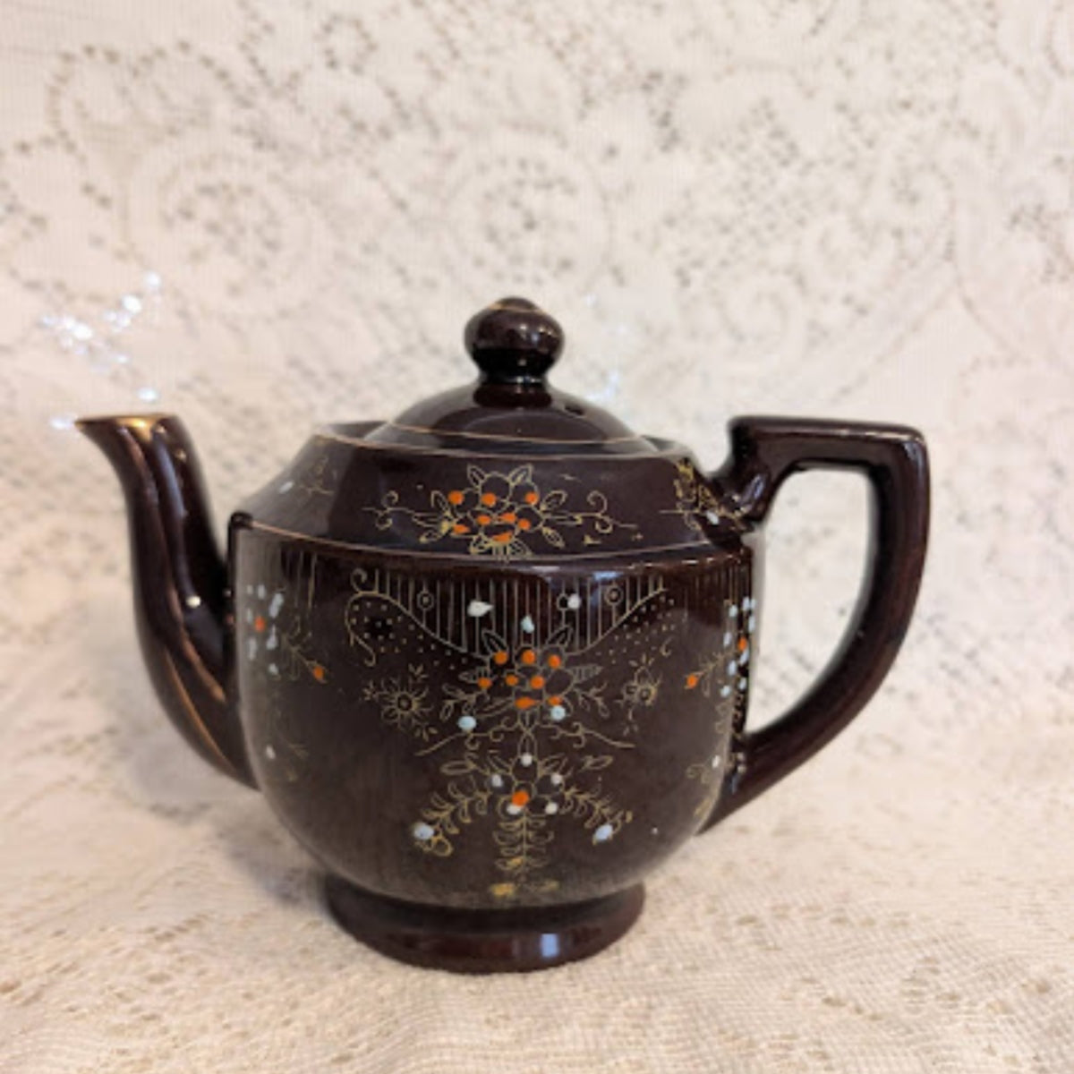 Vintage Japanese Brown Floral Stoneware Teapot