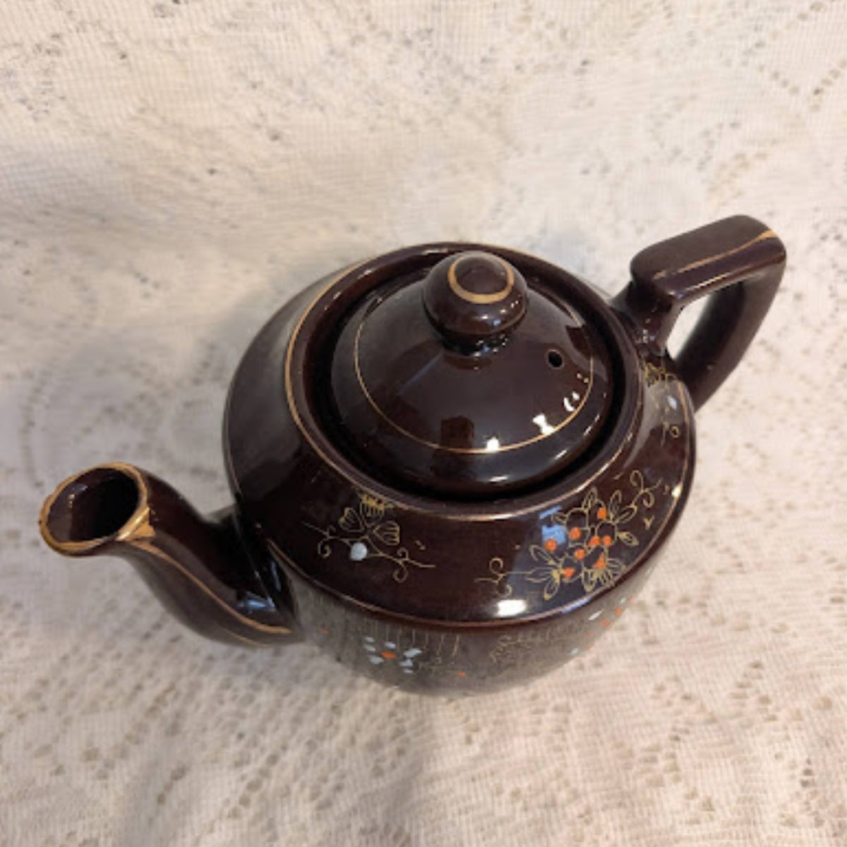 Vintage Japanese Brown Floral Stoneware Teapot
