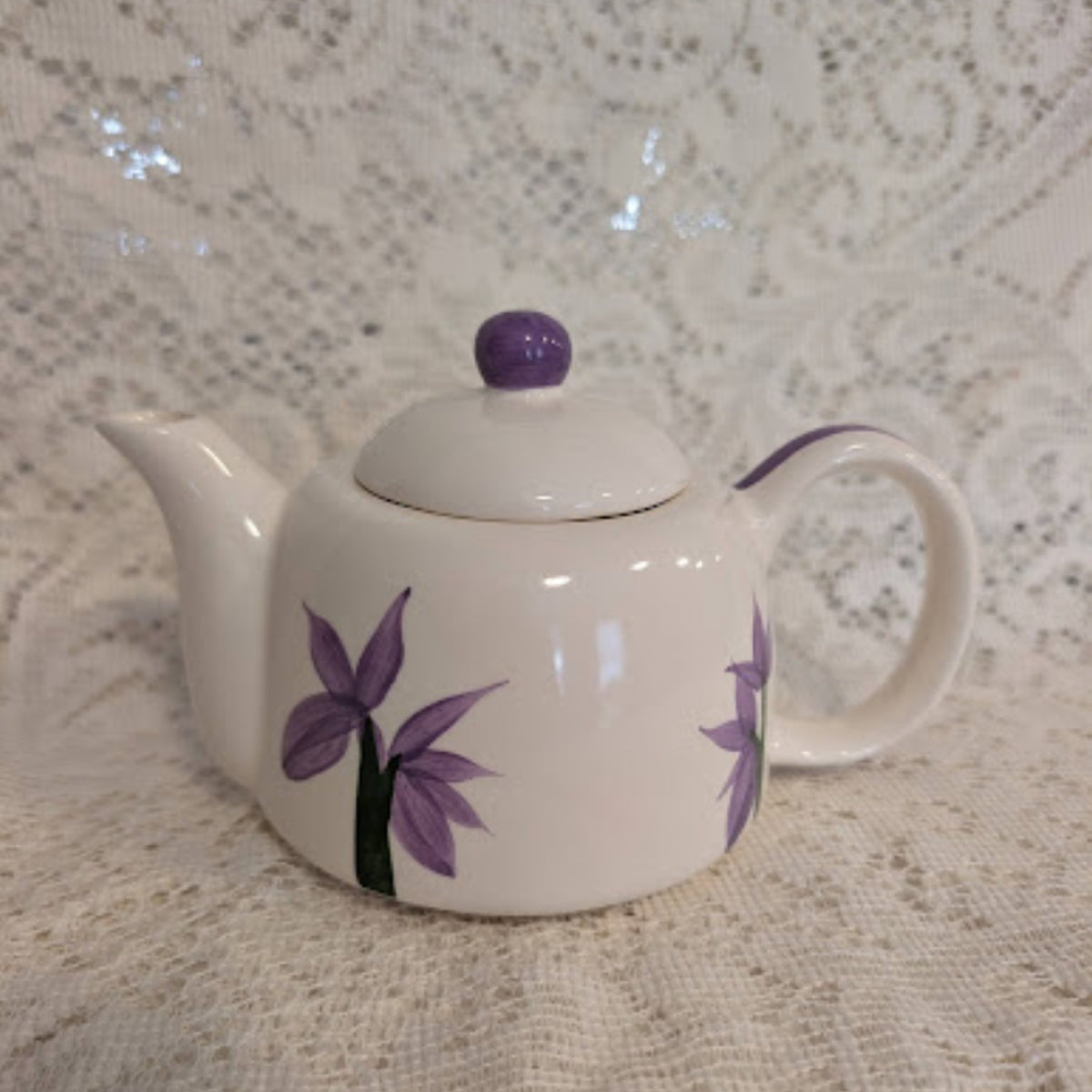 Vintage Purple Floral Ceramic Teapot – White Botanical Design
