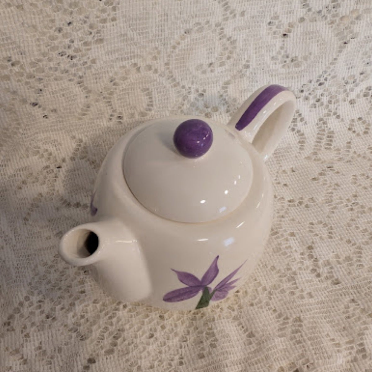 Vintage Purple Floral Ceramic Teapot – White Botanical Design