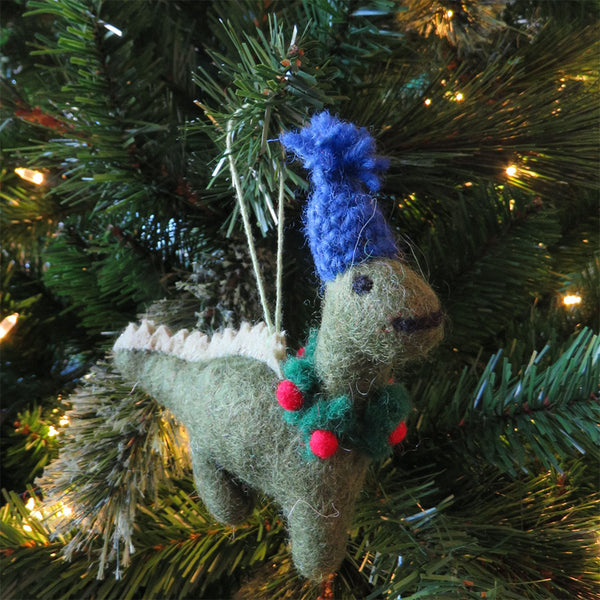 Handmade Felt Ornament - Christmas Dinosaur