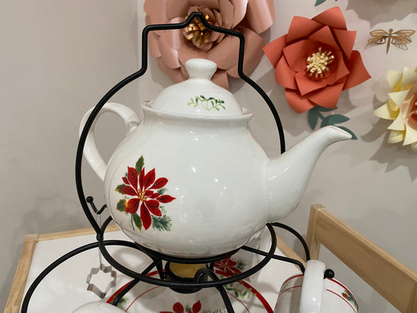 Vintage Teapot Set With (3) Teacups & (3) Saucers (Poinsettia by American Atelier)