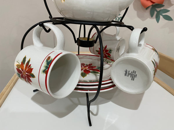 Vintage Teapot Set With (3) Teacups & (3) Saucers (Poinsettia by American Atelier)