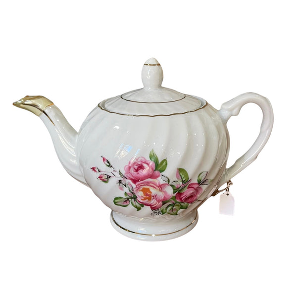 Vintage Teapot - White, Pink Flowers